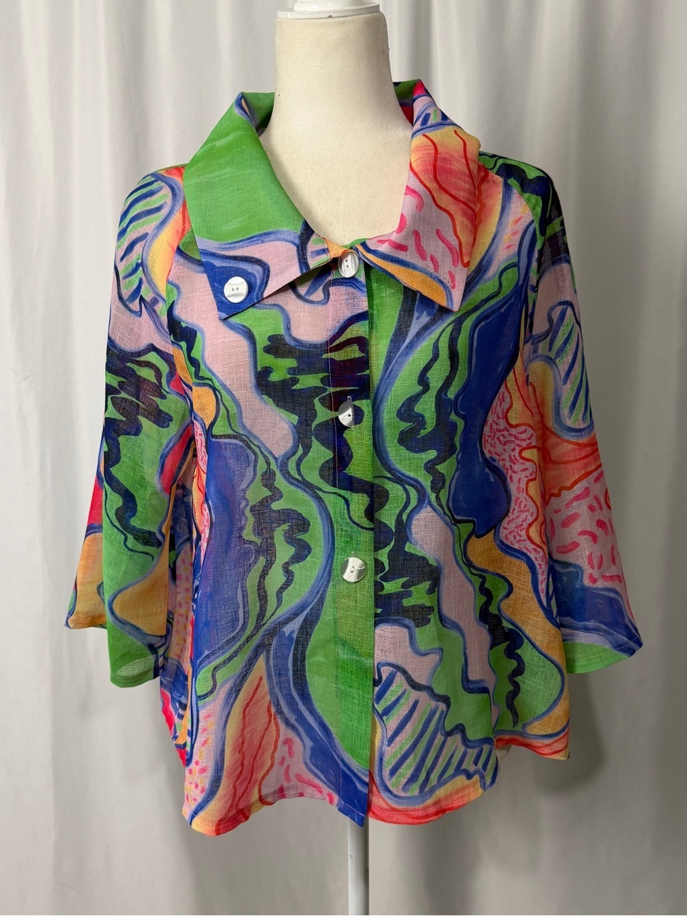 Trisha Tyler Abstract Multicolor Button-Down Women's Sheer Shirt Jacket Sz M